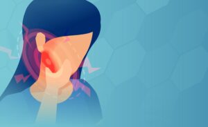 Illustration of a woman with a red throbbing TMJ on a blue hexagon background