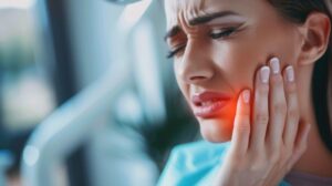 Woman holding her jaw because of toothache.