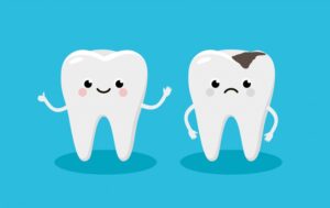 Animated teeth, one with silver filling. 